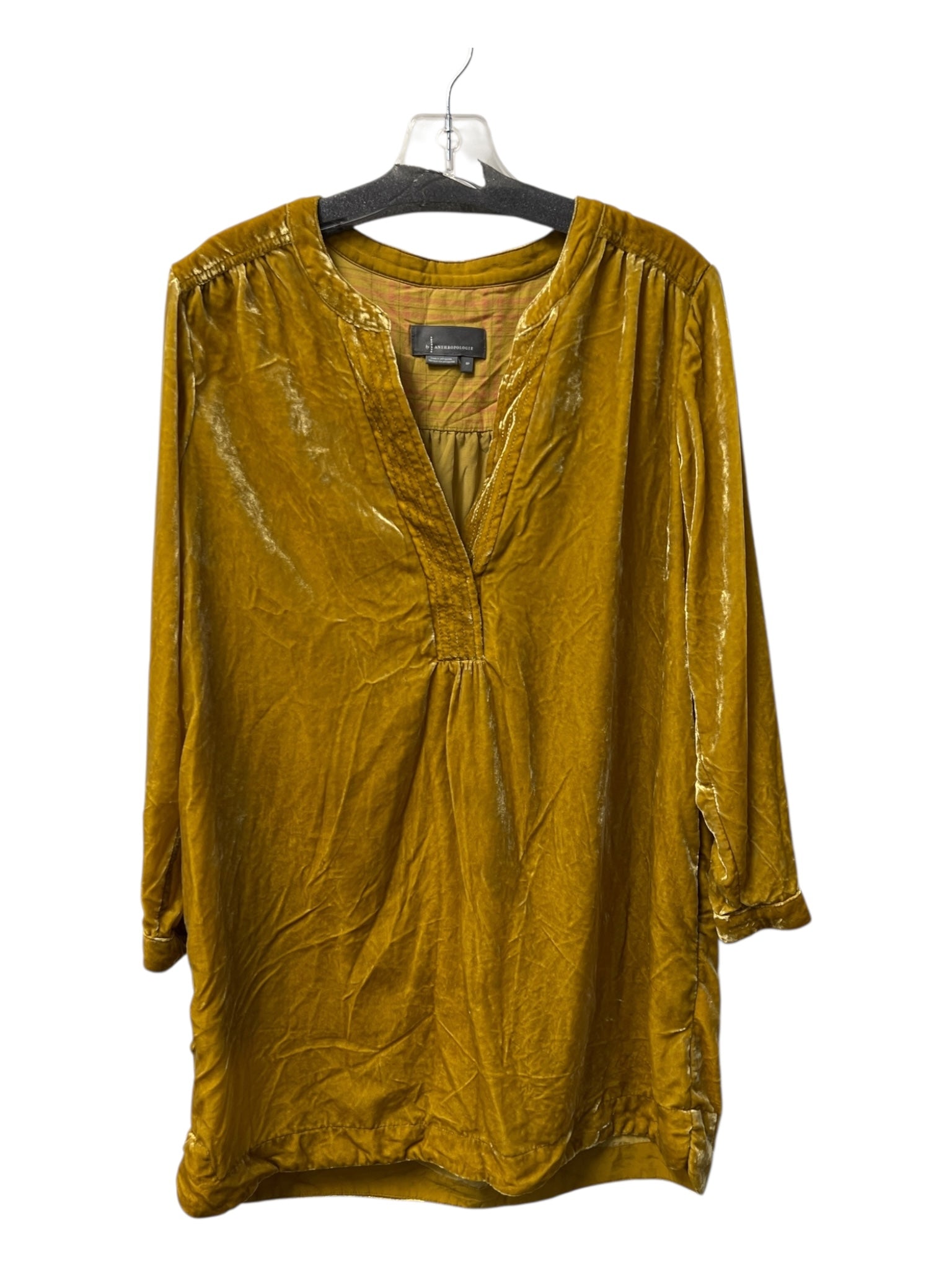 Anthropologie Size SP Mustard Yellow Viscose Blend Velvet Deep V Pockets Dress