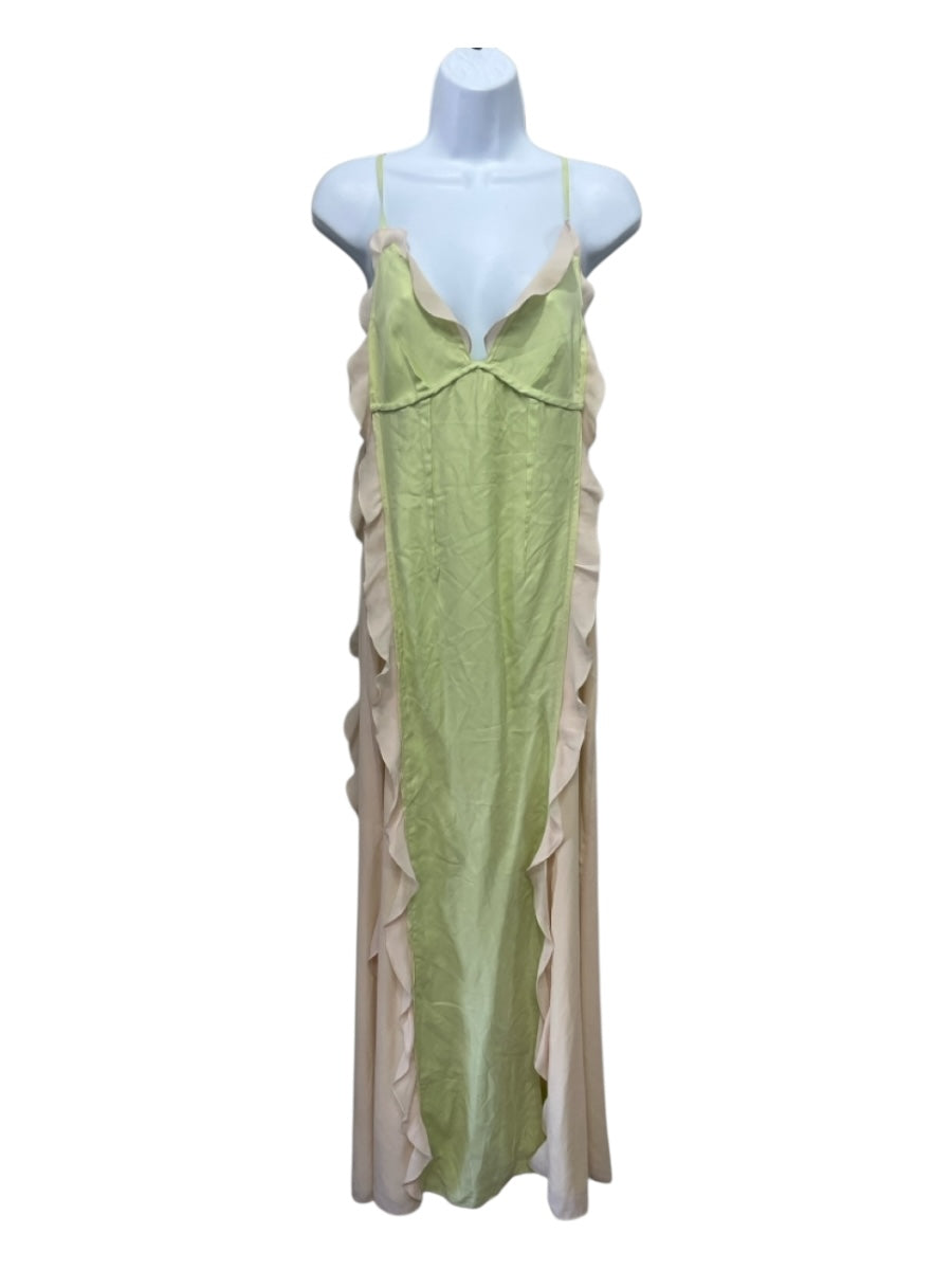 Simkhai Size 4 Cream & Lime Cupro Blend Spaghetti Strap Paneled Dress