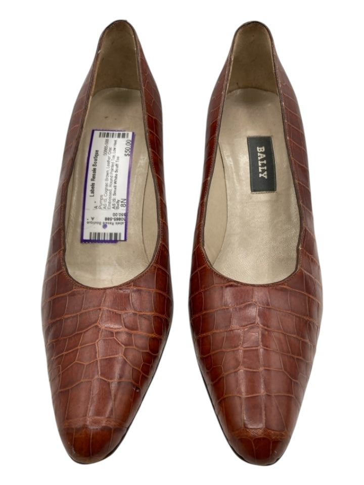 Bally Shoe Size 8N Cognac Brown Leather Croc Embossed Round Pointed Toe Pumps