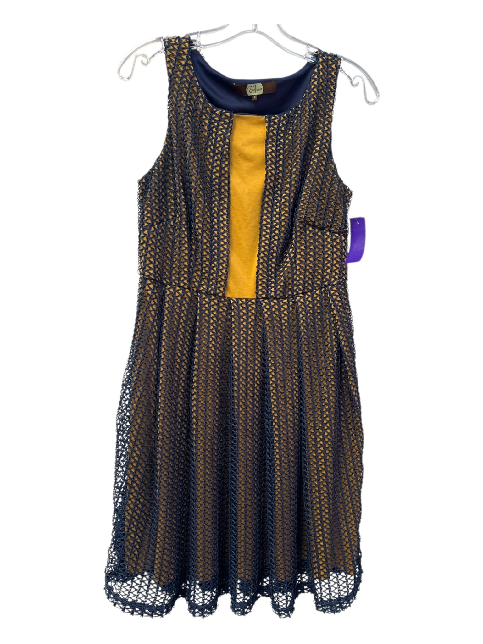Eva Franco Size 6 navy & gold Polyester Blend Netting Overlay Side Zip Dress