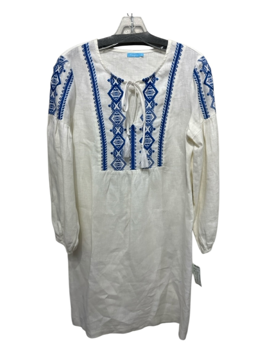 J. McLaughlin Size XS Cream & Blue Linen 3/4 Sleeve Geometric Notch Collar Dress