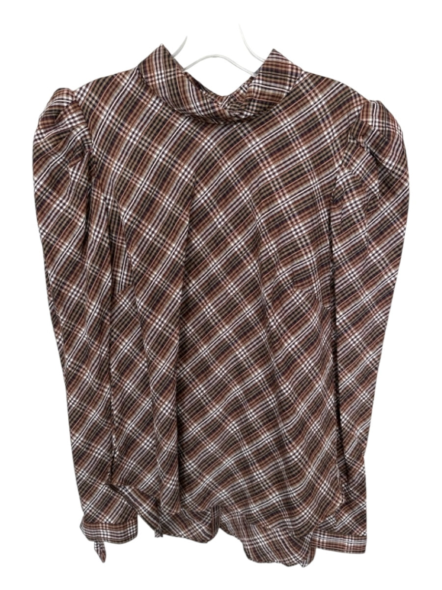 Veronica Beard Size 8 Brown & Maroon Cotton Blend Mock Neck Plaid Top