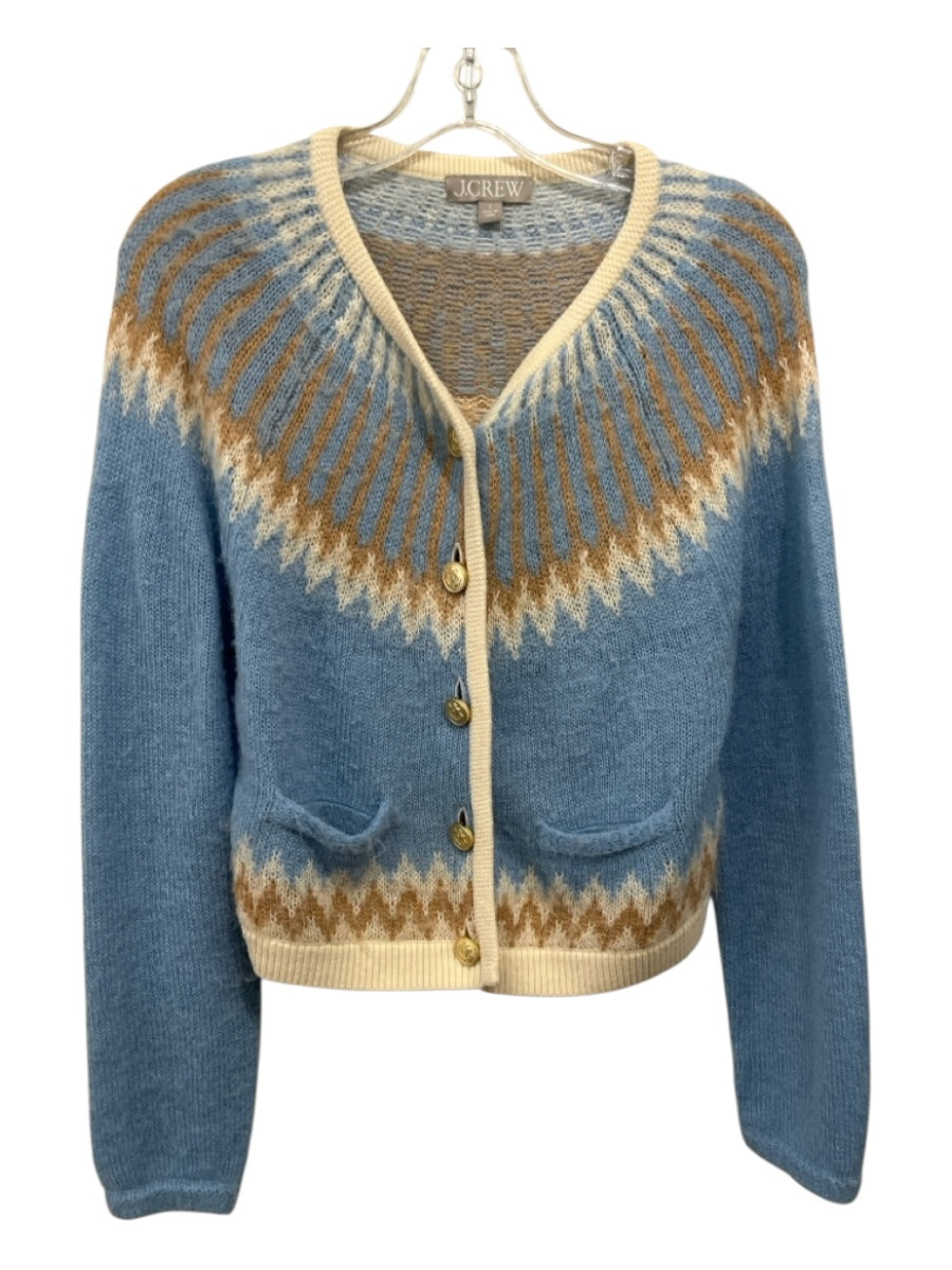 J Crew Size S Blue, Tan, Brown Polyamide Blend Abstract Print Button Up Cardigan