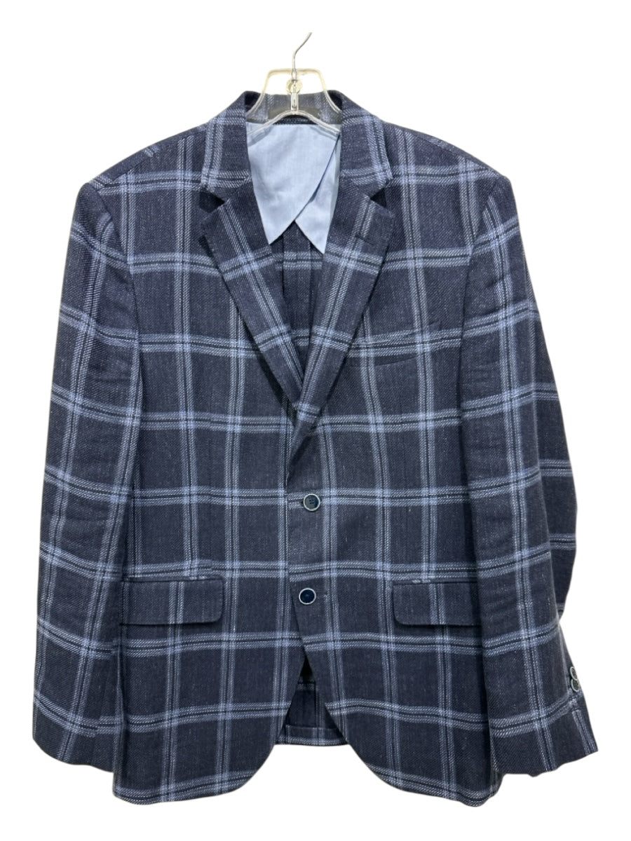 Massimo Dutti Navy & Light Blue Linen Blend Plaid 2 Button Men's Blazer