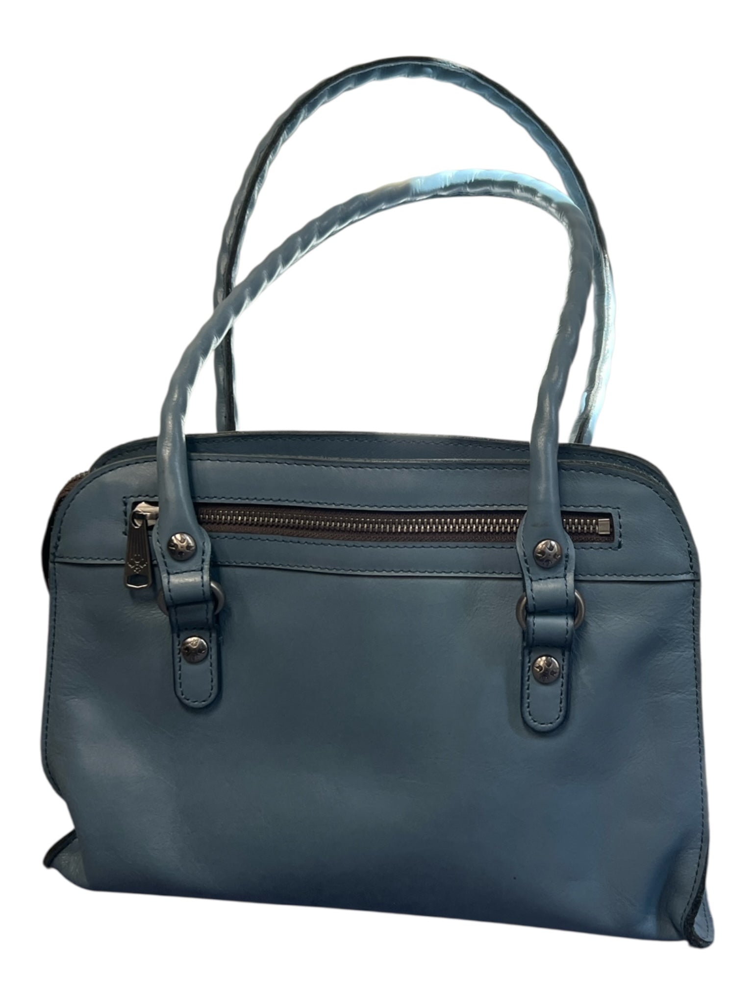 Patricia Nash Storm Blue Leather Zip Close Two Top handle silver hardware Bag