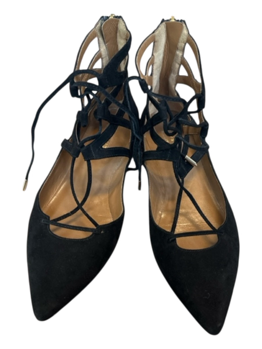 Aquazzura Shoe Size 37 Black Suede Lace Up Back Zip Flats