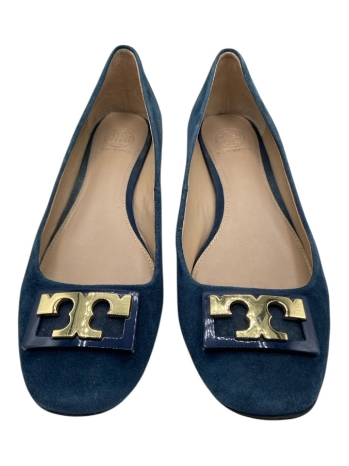 Tory Burch Shoe Size 8.5 Navy Blue Suede gold logo T Block Heel Flats