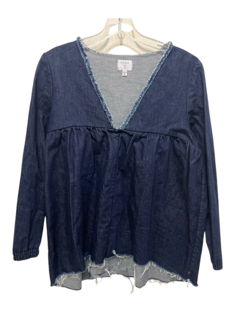 Noble 31 Size M Dark Wash Cotton Denim Long Sleeve Gathered At Neckline Top