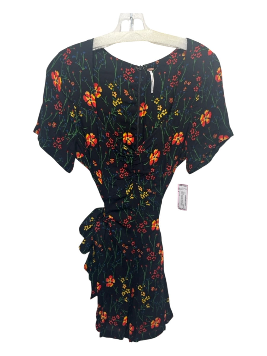 Free People Size 8 Black, Red & Yellow Viscose Short Sleeve Floral Romper