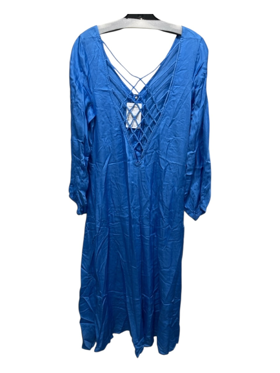 Free People Size 8 Blue Rayon Blend Long Sleeve Button Front Pleated Dress