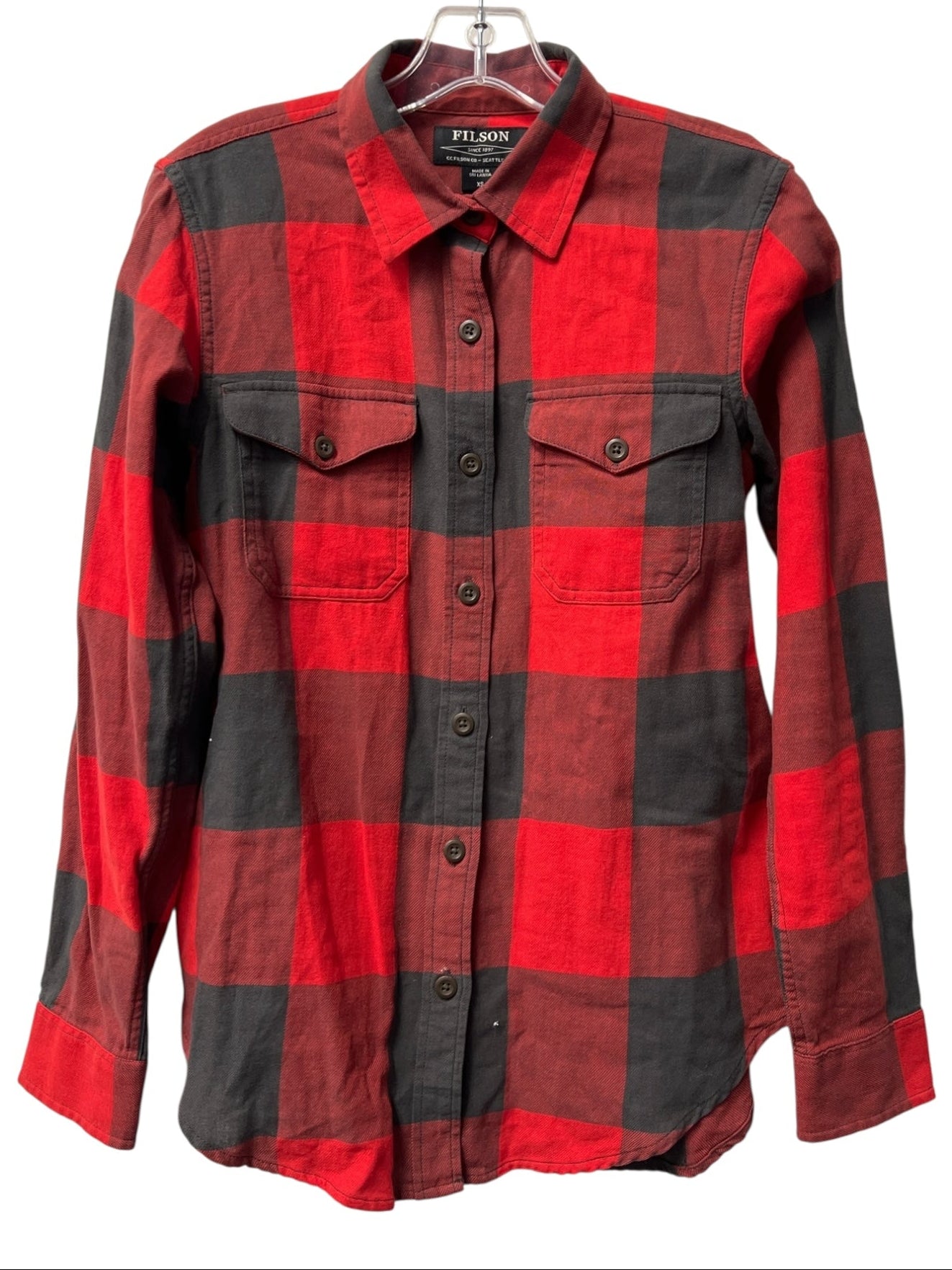 Filson Size XS Red & Black Cotton Flannel Collared Hi Lo Button Down Top
