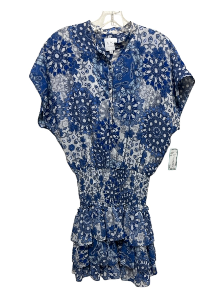 Misa Size M Blue & White Polyester Cap Sleeve Floral 1/2 Button Dress