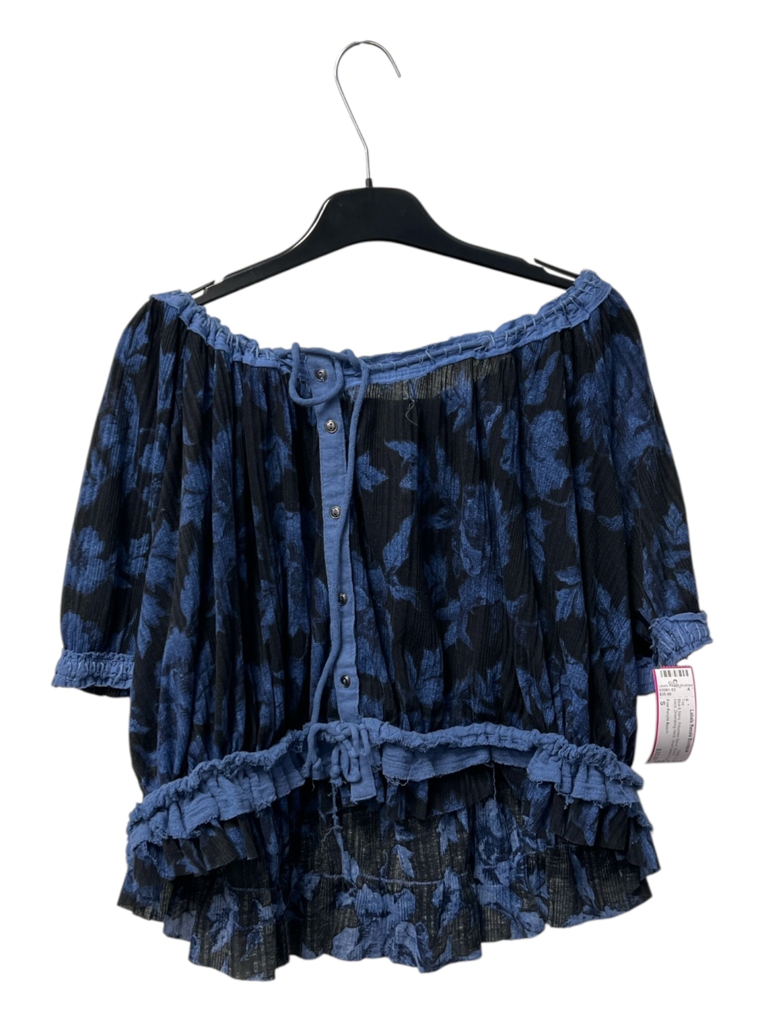 Free People Beach Size S Blue & Navy Polyester Blend Round Neck Short Sleeve Top