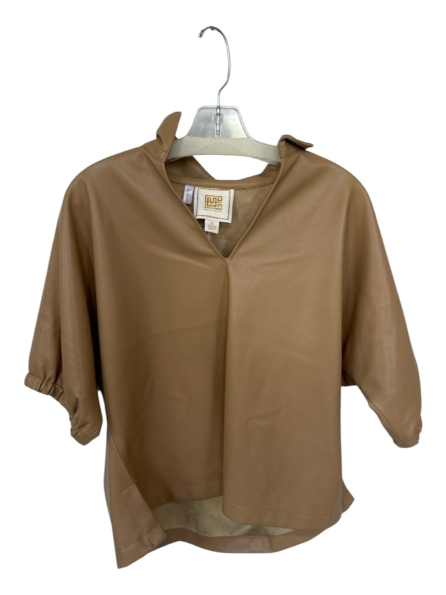 Emily McCarthy Size S Tan Vegan Leather Long Balloon Sleeve Collar V Neck Top