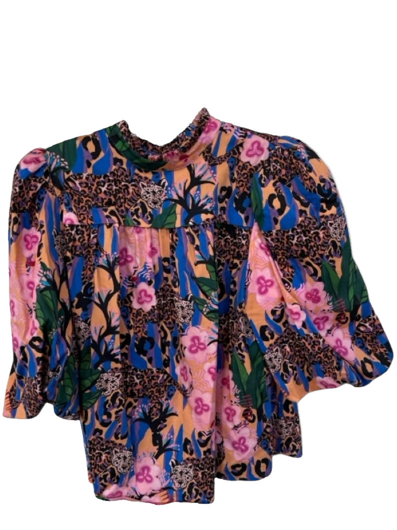 Alden Adair Size M Peach & Navy Cotton Blend Long Balloon Sleeve Top