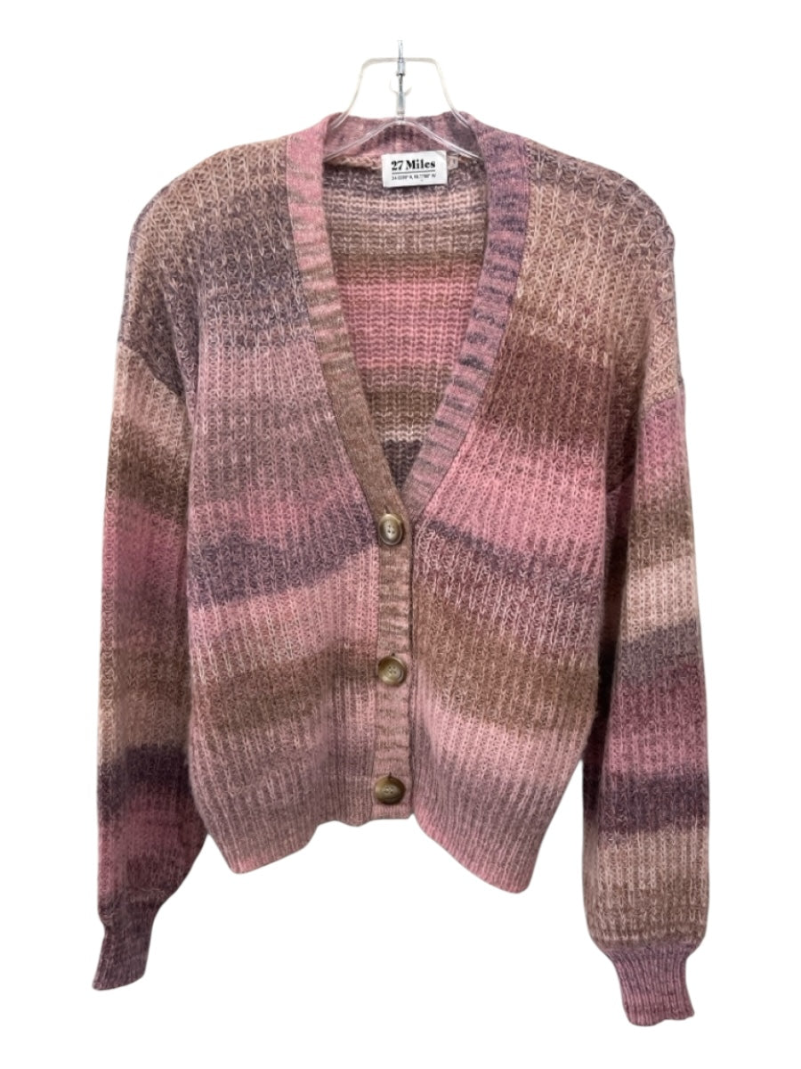 27 Miles Size XS Pink, Brown & Blue Alpaca & Wool Rib Knit Button Front Sweater