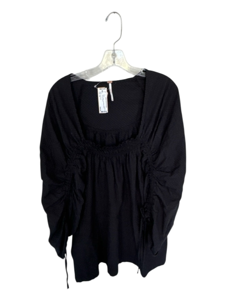 Free People Size M Black Cotton Long Balloon Sleeve Textured Dress