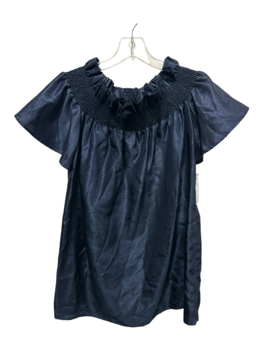 Keepsake Size M Navy Blue Polyester Off Shoulder Smocked Neck Short Sleeve Top