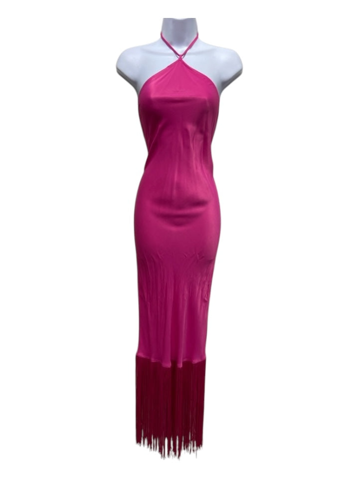 Camila Coelho Size Est M Pink Viscose Fringe Halter Sleeveless Open Back Dress