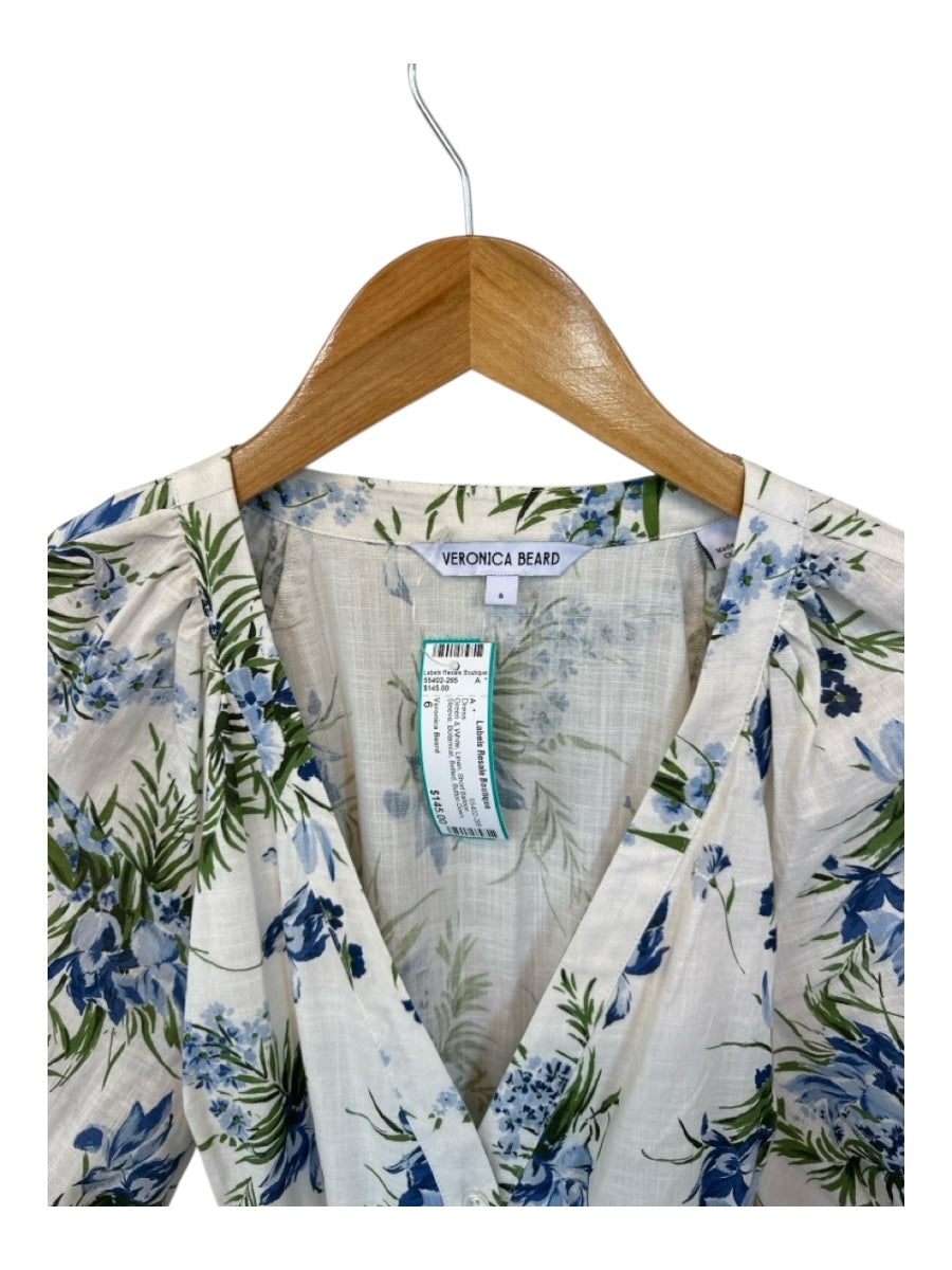 Veronica Beard Size 6 Green & White Linen Short Balloon Sleeve Botanical Dress