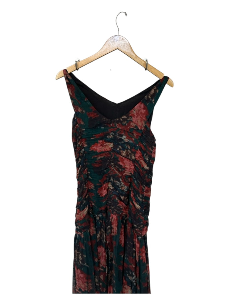 Tuckernuck Size 8 Teal & Red Viscose Sleeveless Flowers Pleated Back Zip Dress