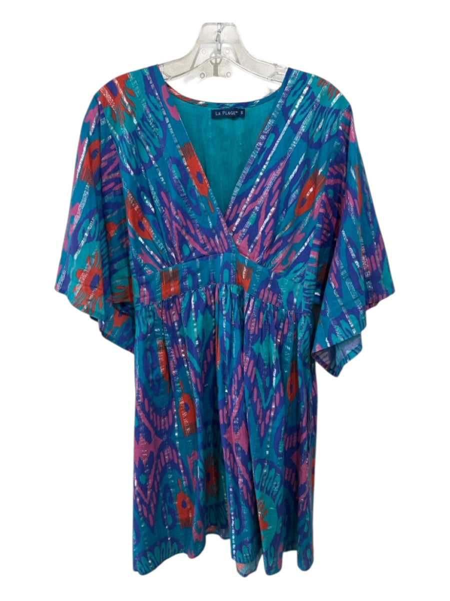 La Plage Size S Teal Green, Blue, Red, Purple Cotton Abstract Surplice Dress