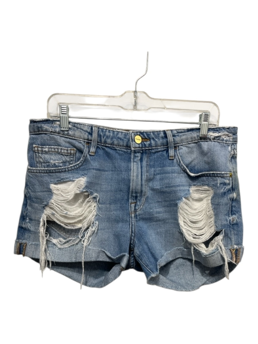 Frame Size 28 Light Wash Cotton Distressed zip fly Cuffed Hem Pockets Shorts