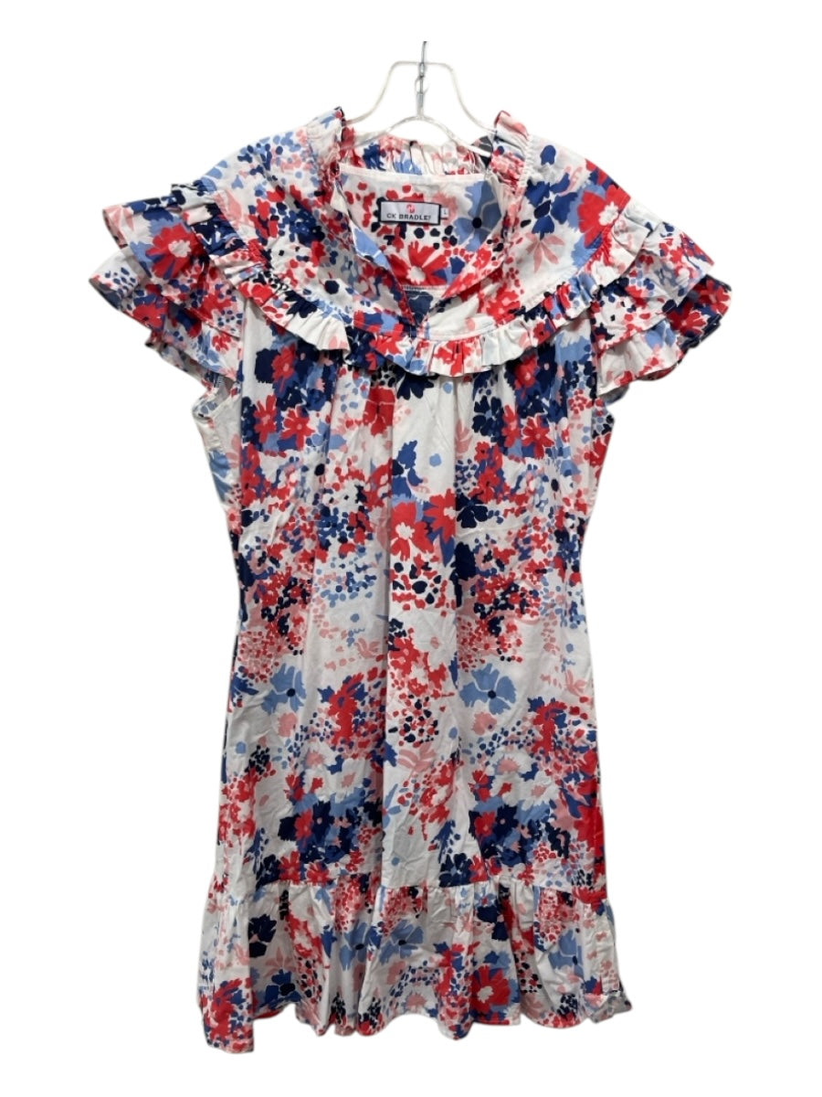 CK Bradley Size L White, Red, Blue Cotton Ruffle Detail Floral Print Dress