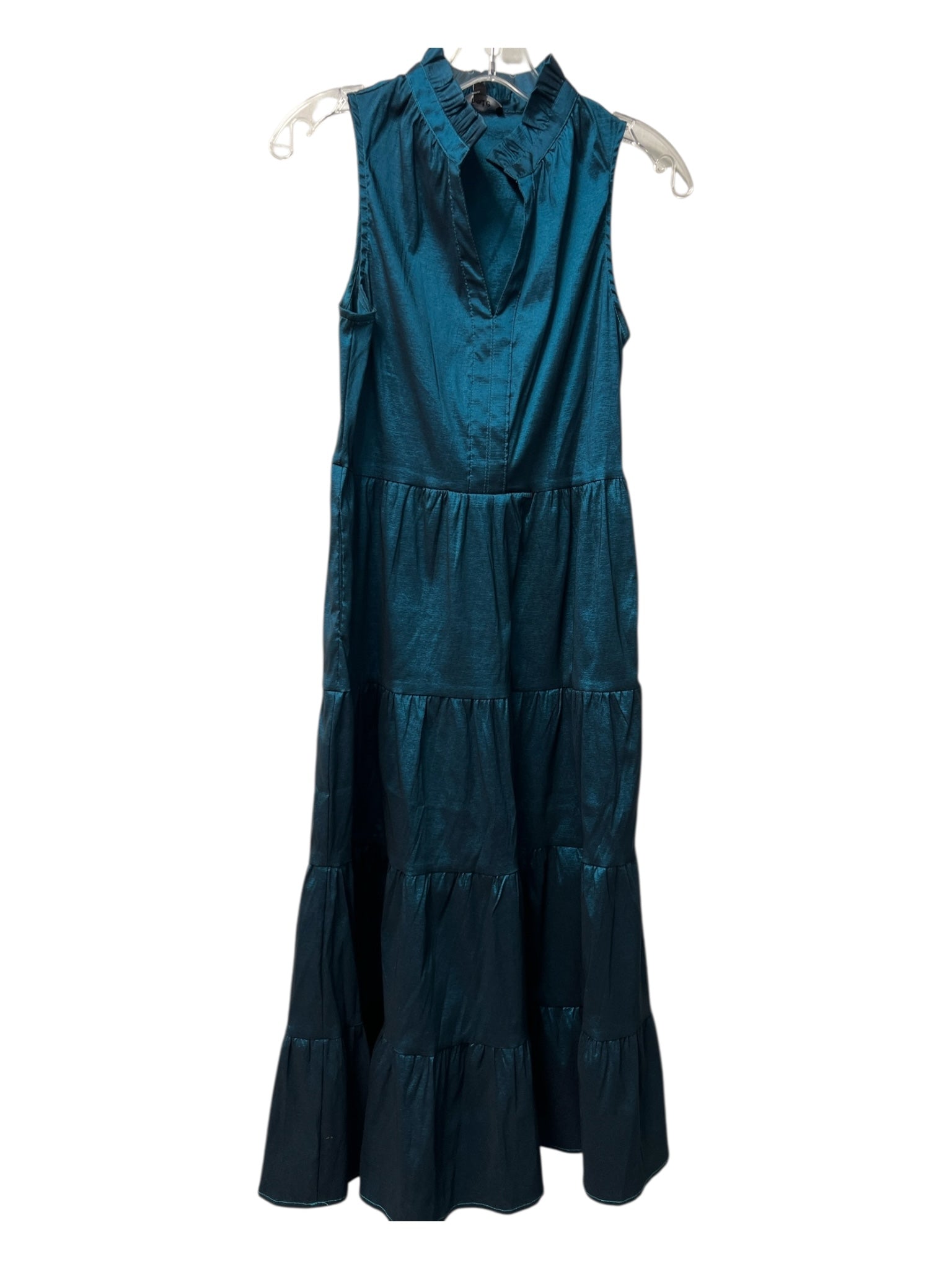 Fate Size Small Teal Polyester Shiny Sleeveless Side Zip Ruffle Neckline Dress