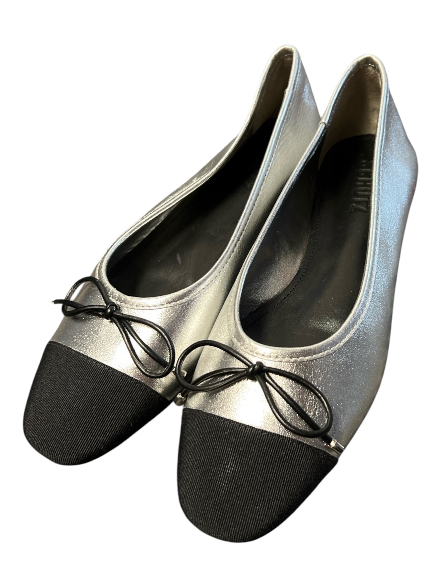 Schutz Shoe Size 6.5 B Silver & Black Leather Flat Colorblock Bow Detail Shoes