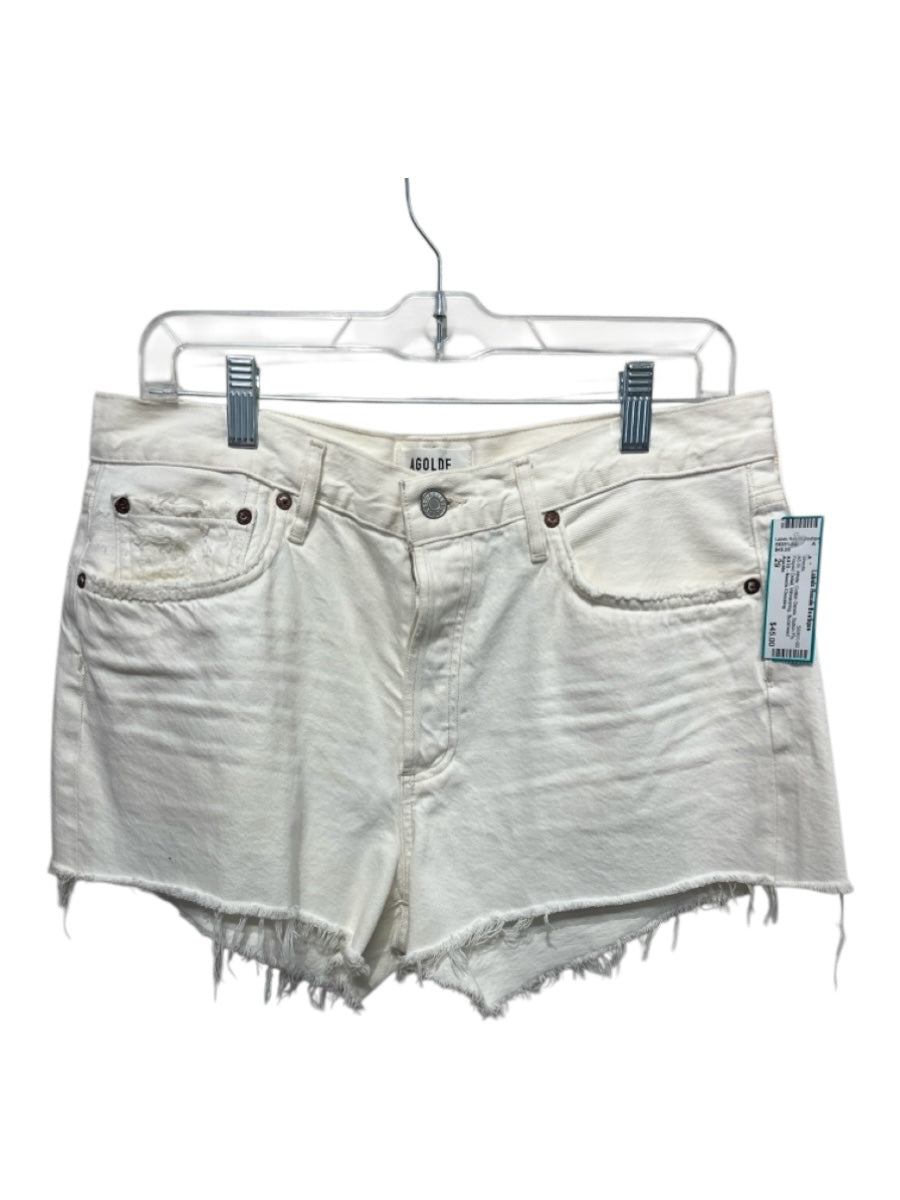 Agolde Size 29 White Cotton Denim Button Fly Frayed Detail Whiskering Shorts