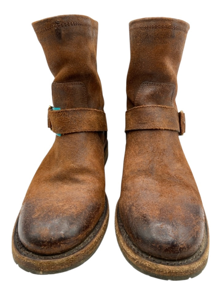 Frye Shoe Size 6 Cognac Brown Leather round toe Buckle Stack Heel Booties