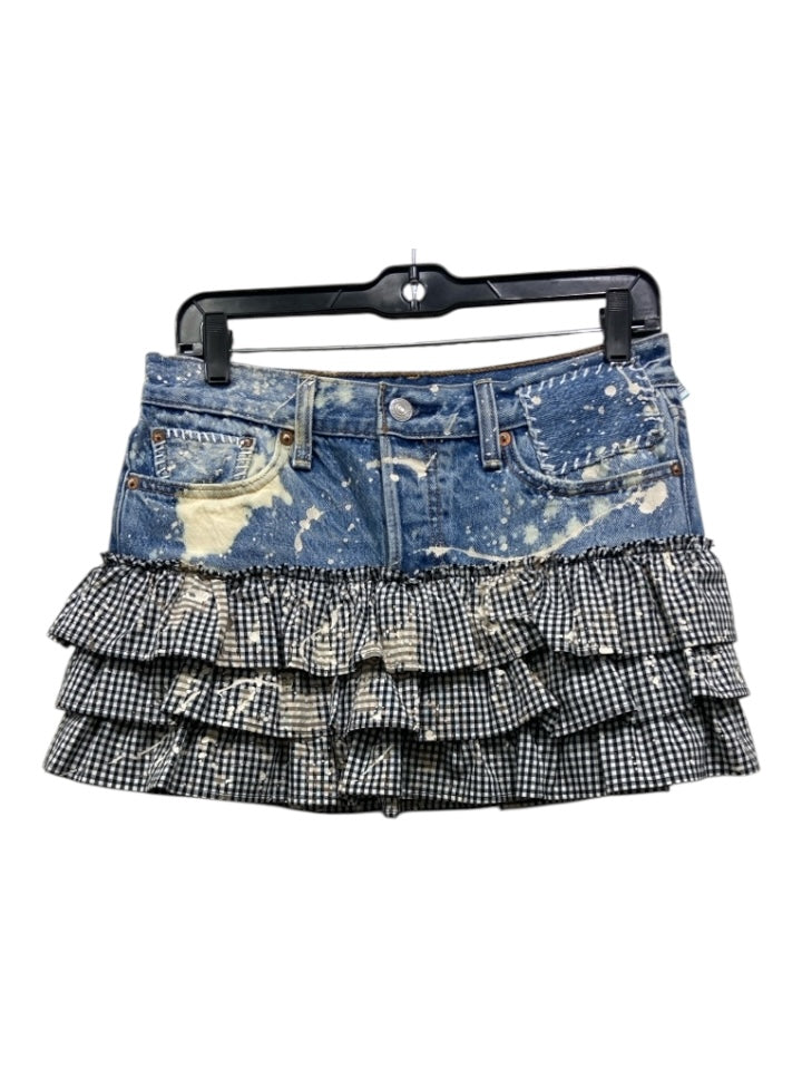 Free People Size Small Denim, Black & White Cotton Blend Bleached Ginham Skirt