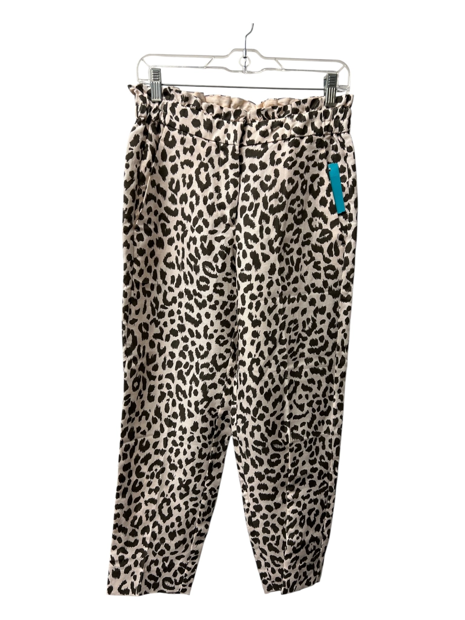 J Crew Size 4 Beige & Brown Linen Blend Animal Print Side Pockets Tapered Pants