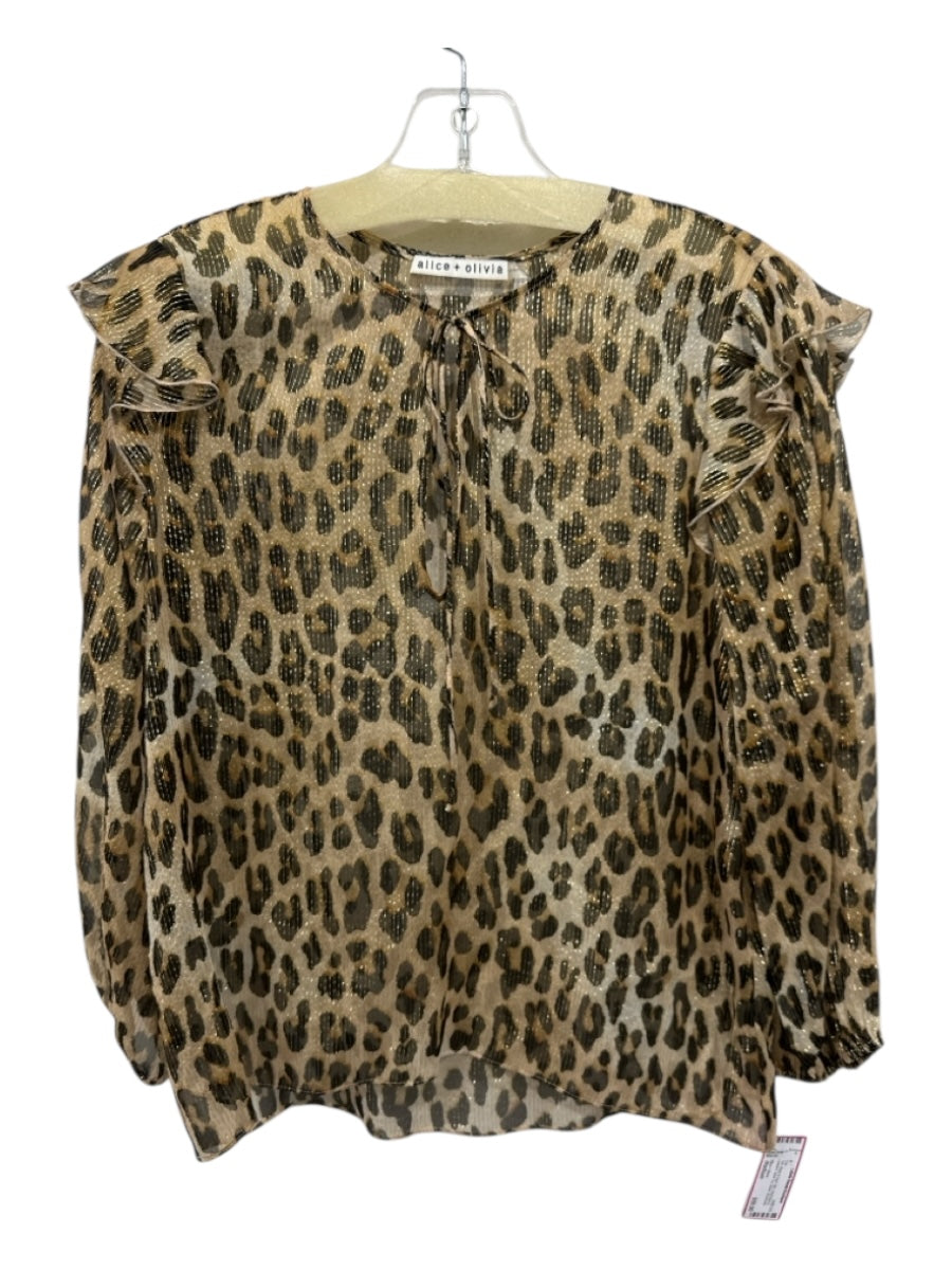Alice + Olivia Size Medium Tan, Black & Gold Silk Long Sleeve Leopard Sheer Top