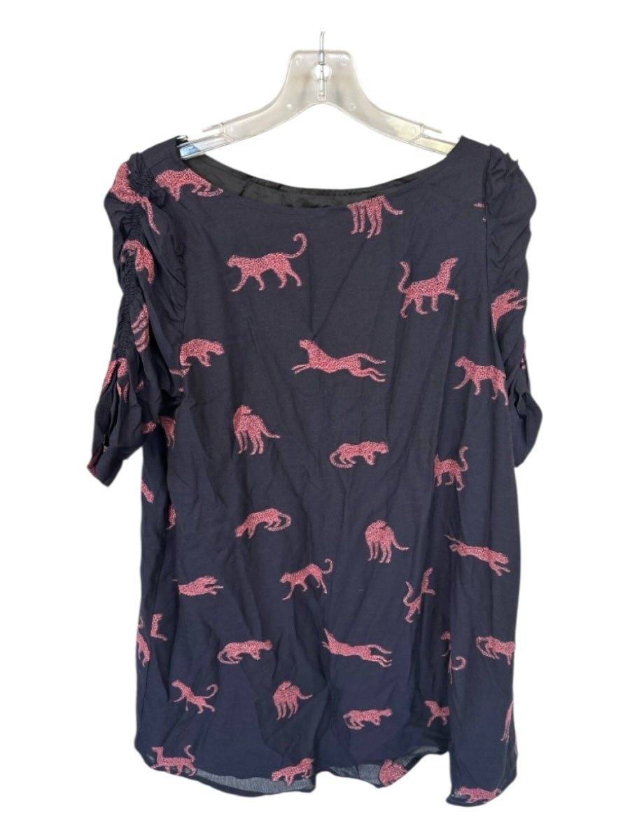 Vilagallo Size 40 Navy & Pink Viscose Short Sleeve Cheetah Metallic Thread Dress