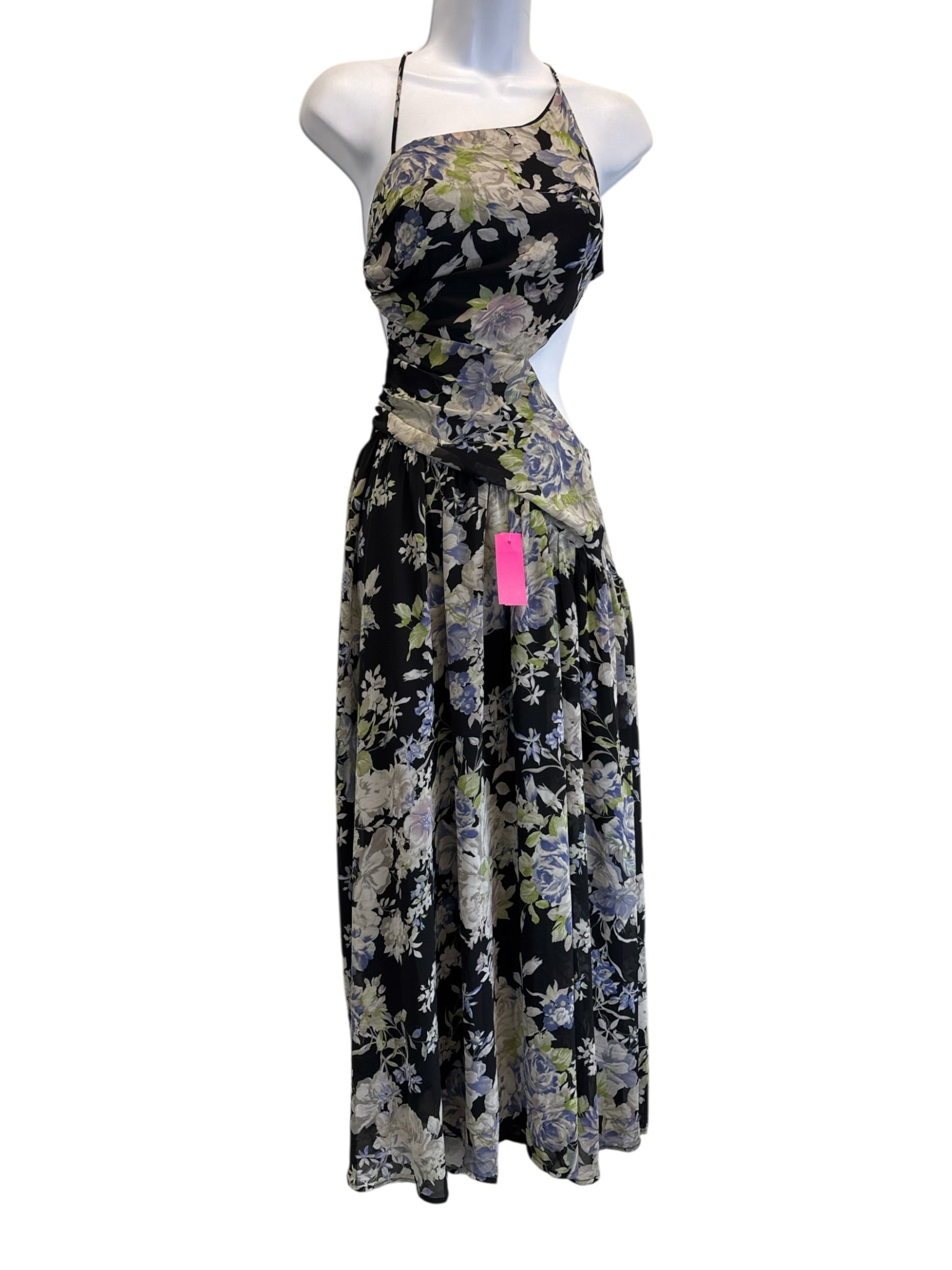 ASTR The Label Size XS Black, Blue, Green Polyester Tie Back Floral Midi Dress color:Black, Blue, Green