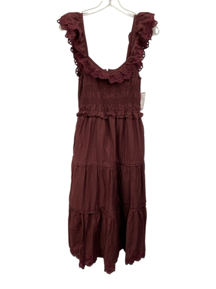Madewell Size 2 Burgundy Cotton Shirred Eyelet Trim Midi Dress size:2