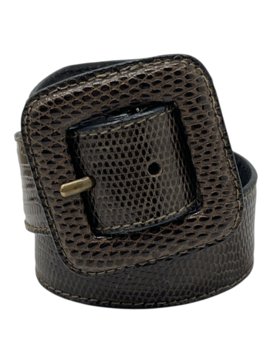 Bergdorf Goodman Dark Green Print Leather Lizard Embossed Square Buckle Belts