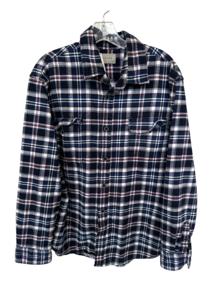 JACHS Size XL Navy & Red Cotton Plaid Button Down Flannel Men's Shirt