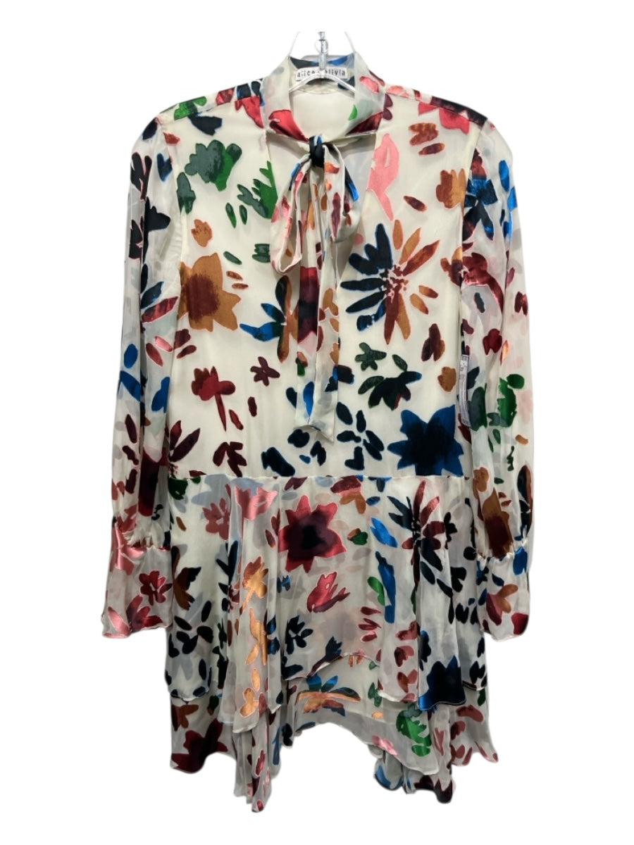 Alice + Olivia Size XS Blue, Cream & Multi Viscose Blend Floral V Neck Dress