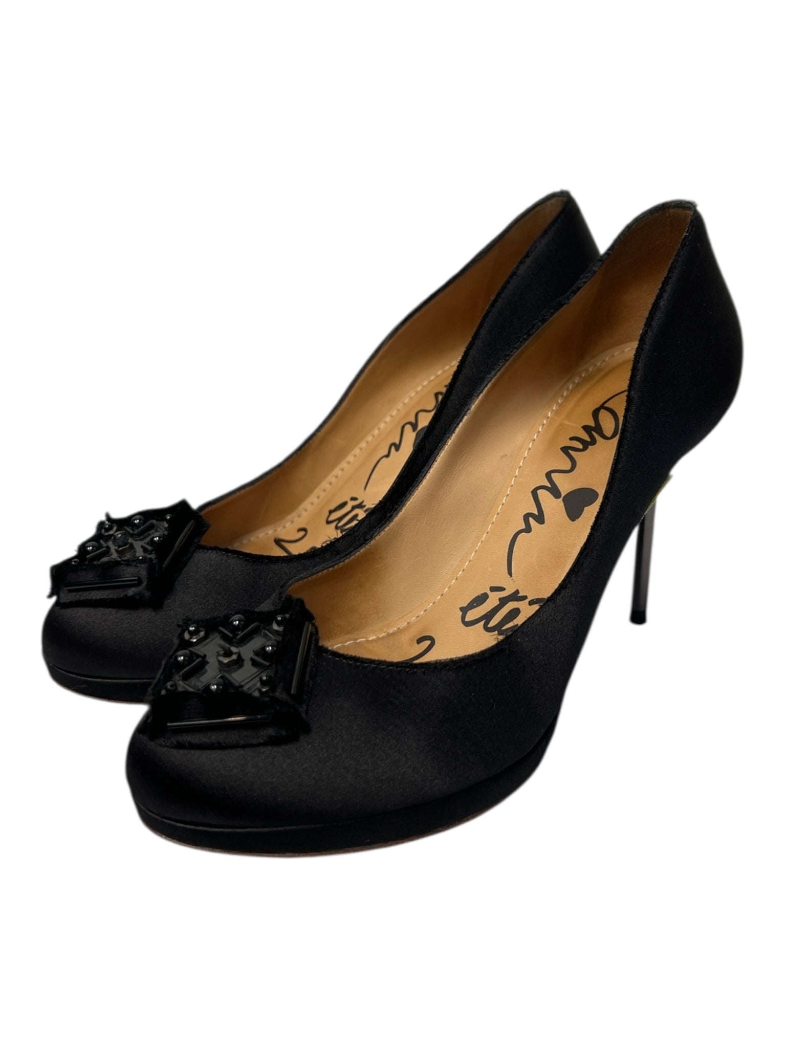Lanvin Shoe Size EST 8 Black Satin Almond Toe Heel Square Design Stiletto Shoes