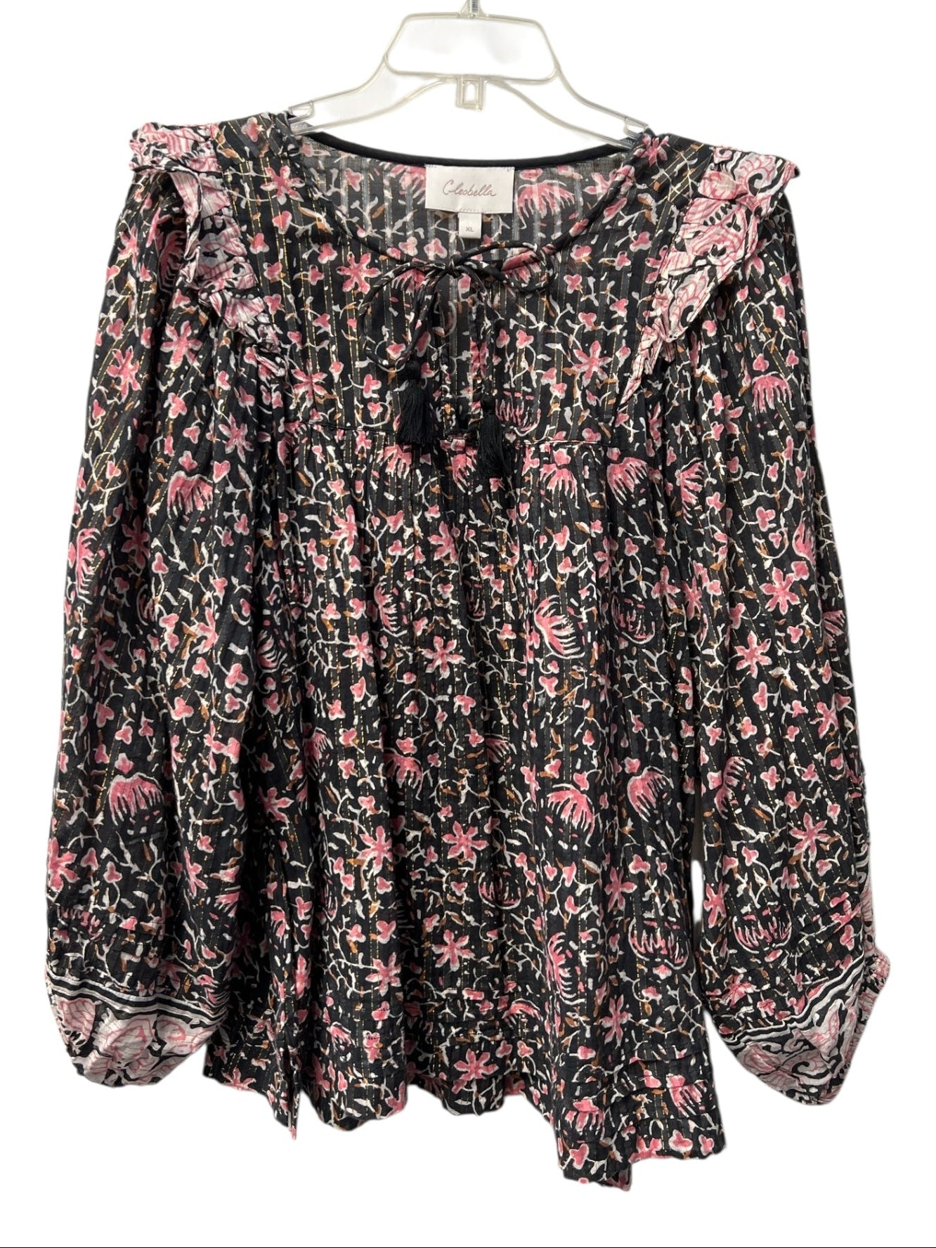 Cleobella Size XL Black & Pink Organic Cotton Blend floral print Tie Detail Top