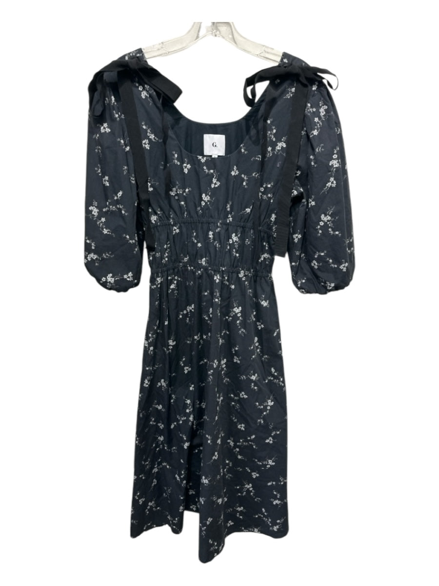 G. Label by Goop Size 2 Black & White Cotton Short Bubble Sleeve Floral Dress