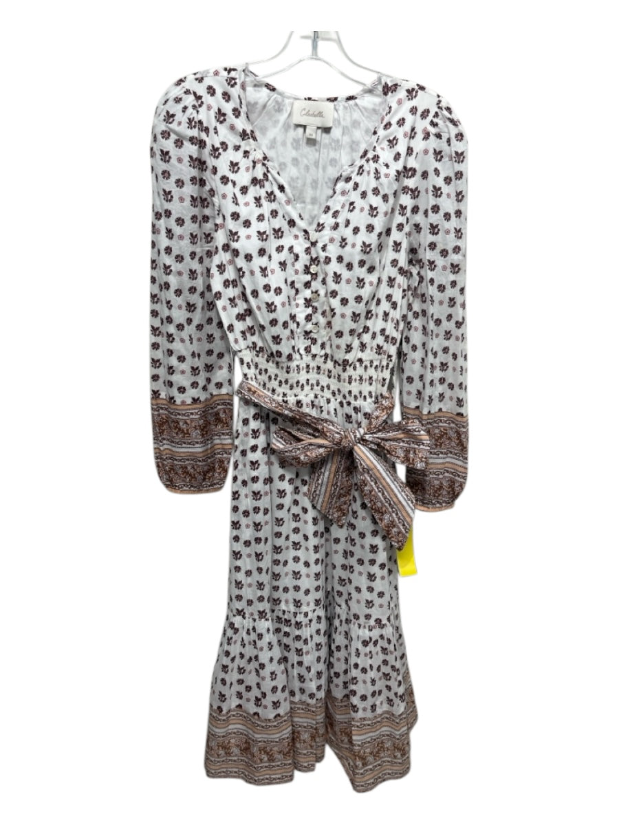 Cleobella Size XS White, Brown, Pink Cotton Long Sleeve Floral Print Midi Dress