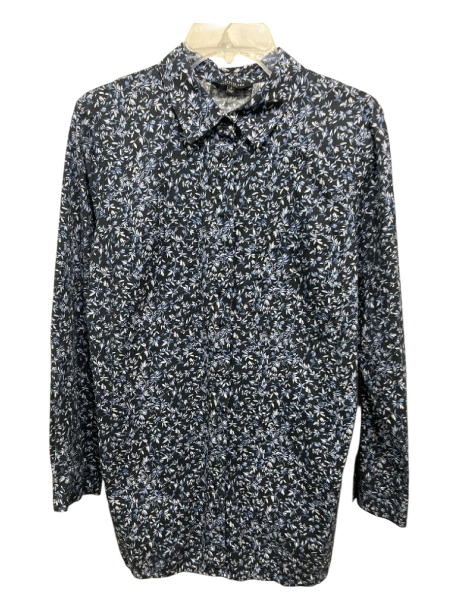Lafayette 148 Size L Black & Blue Cotton Leaves Long Sleeve Button Down Top