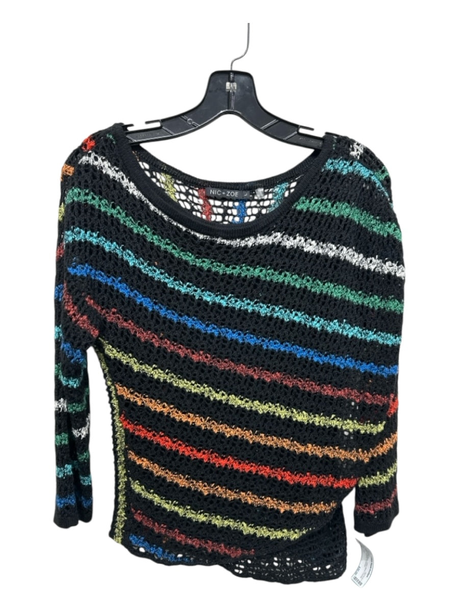 Nic + Zoe Size L Black & Rainbow Cotton Blend Crochet Stripe Surplice Sweater