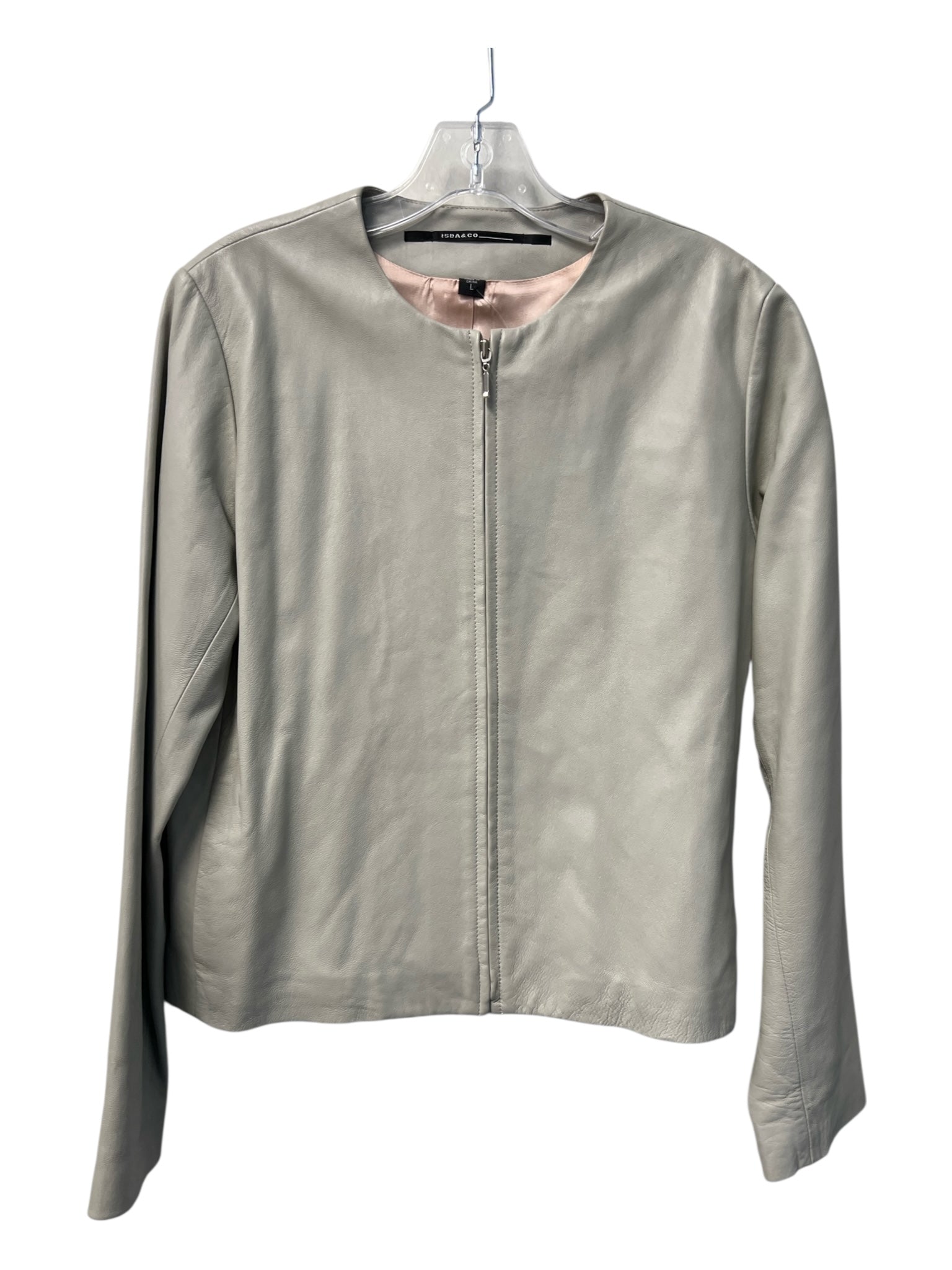 Isda & Co Size L Taupe Leather & Acetate Round Neck Long Sleeve Jacket
