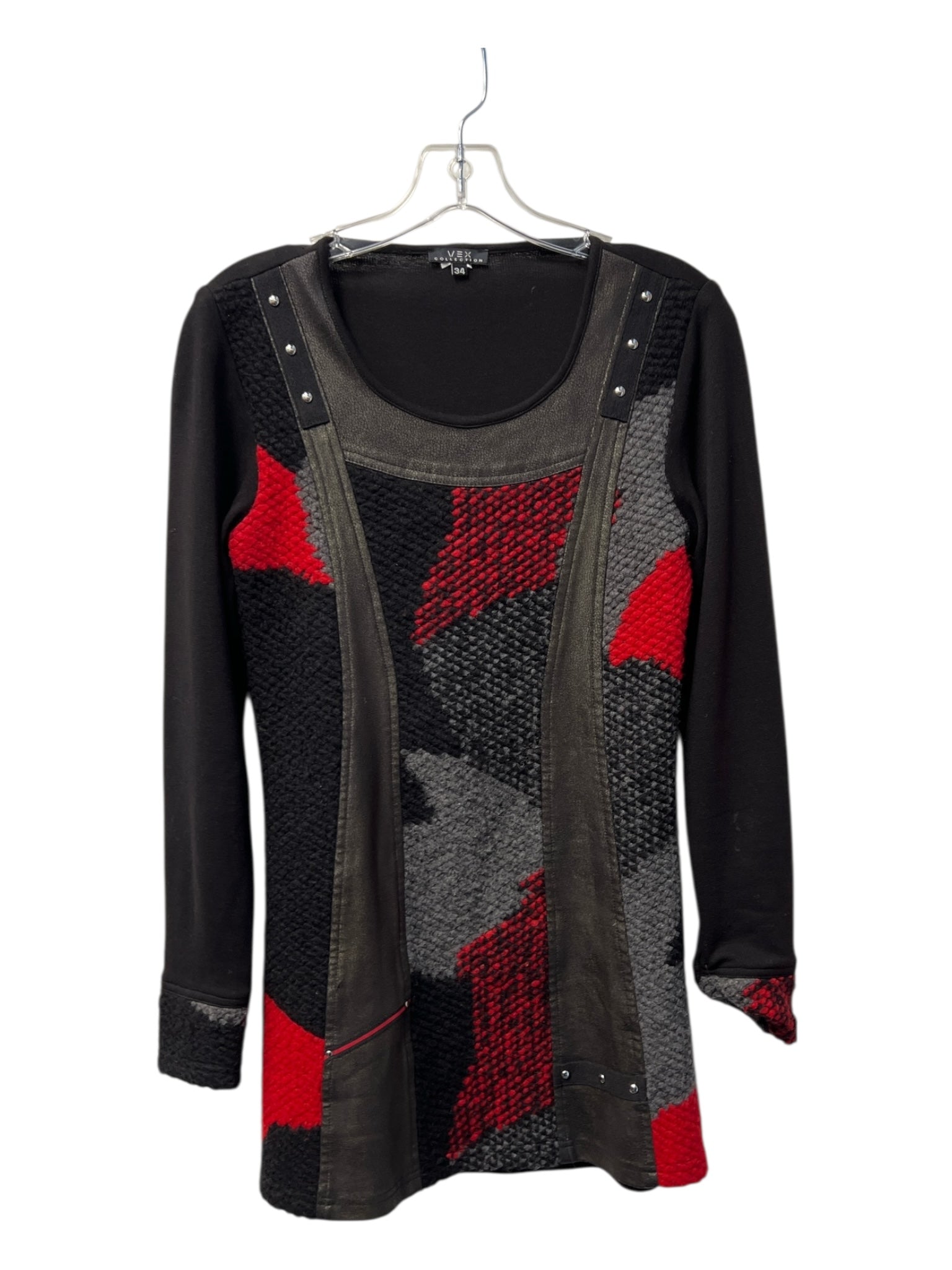 Vex Collection Size 34 Red & Black Mixed Fabric Round Neck Long Sleeve Dress