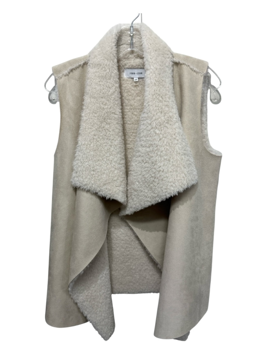 John + Jenn Size S/P Cream Polyester Faux Shearling Open Front Collar Vest